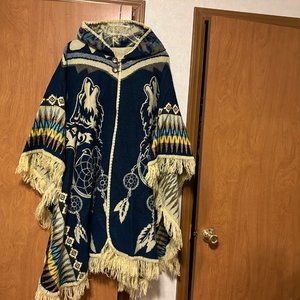 Ecuador WOLF DREAMCATCHER Blue Cream Brown 100% Wool Hooded Fringe Poncho